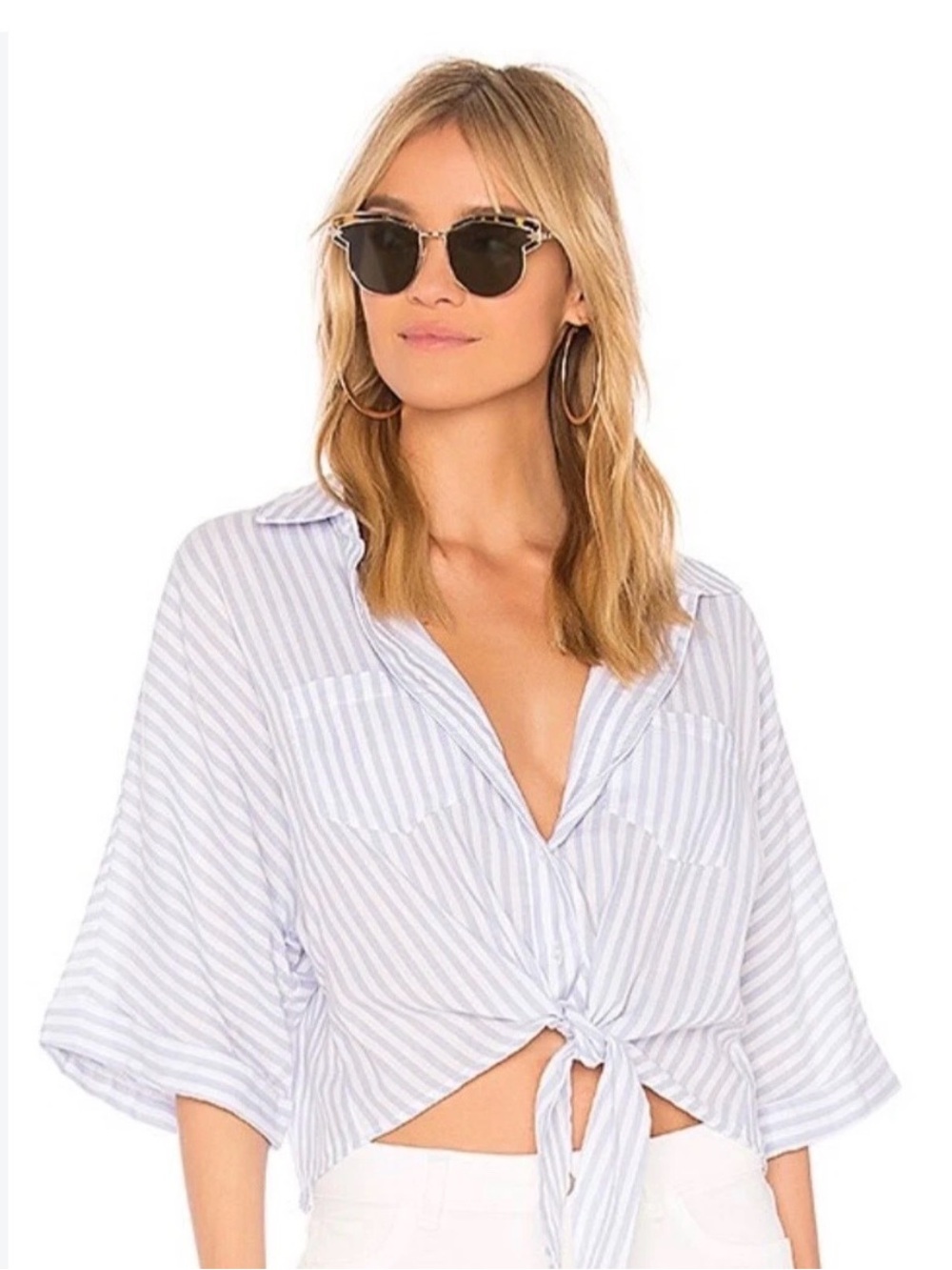 Cupcakes and cashmere Striped Tie-Front Button Down Shirt - Light Blue size S